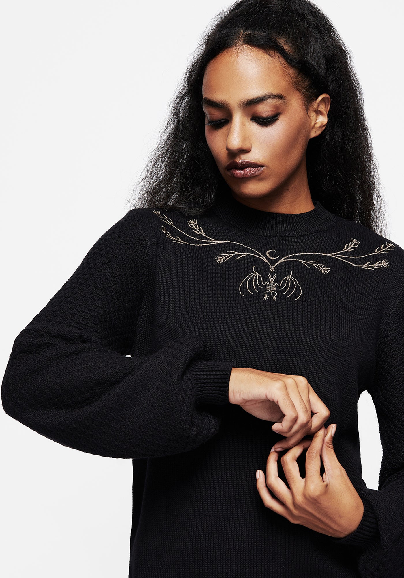 Spectral Bat Embroidered Balloon Sleeve Jumper Disturbia