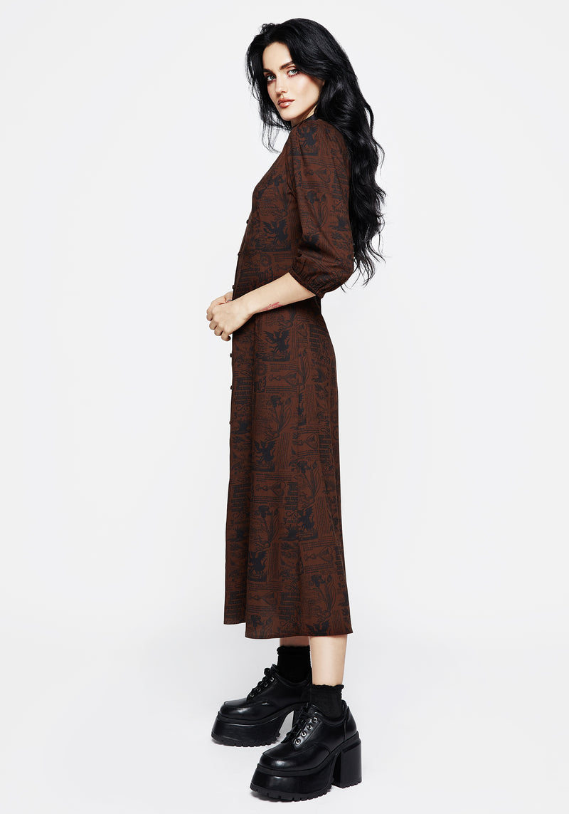 Daemonologie Woodcut Print Button Up Midaxi Dress