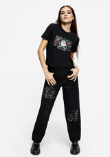 Death Conquers All Floral Skull Embroidered Graphic Crop Tee