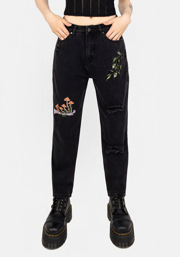 Swamplife Frosch Bestickt Abgenutzt Mom Jeans