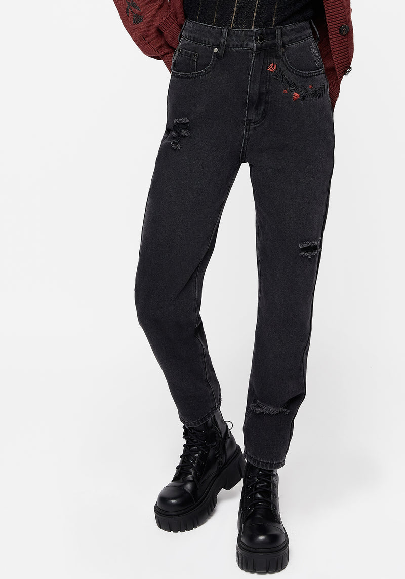 Black distressed mom jeans hotsell