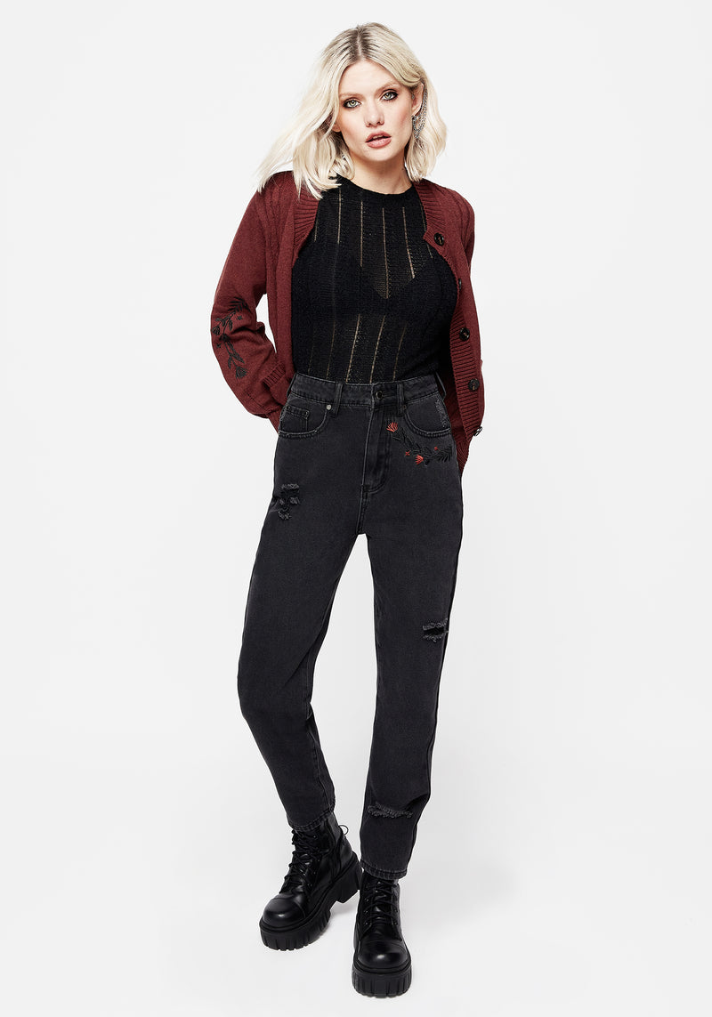 Foxfire Embroidered Distressed Mom Jeans