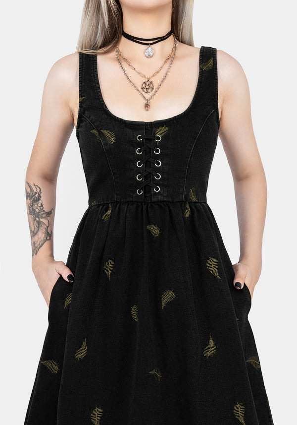 Osmunda Fern Embroidered Lace Up Midi Pinafore Dress