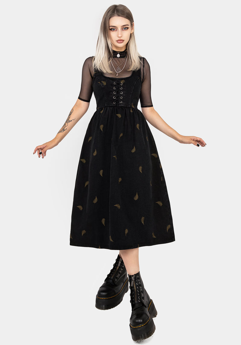 Osmunda Fern Embroidered Lace Up Midi Pinafore Dress