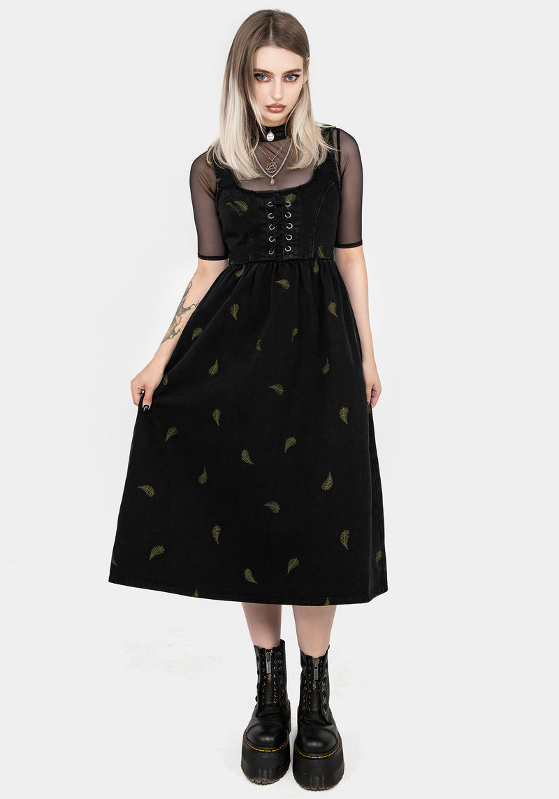 Osmunda Fern Embroidered Lace Up Midi Pinafore Dress