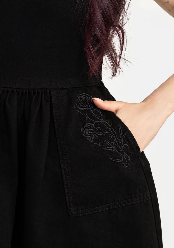 Deadhead Rose Embroidered Denim Mini Smock Dress