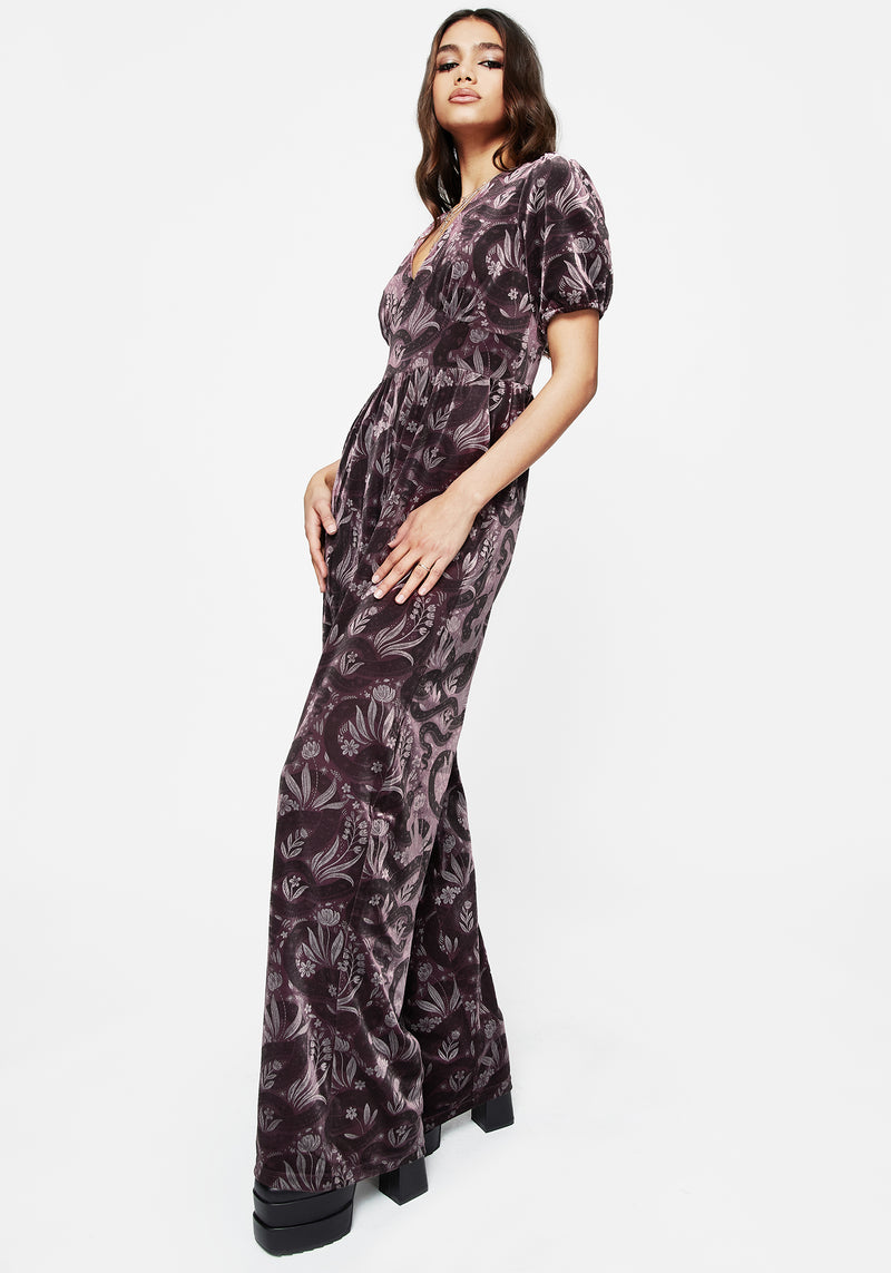 Deception Snake Foil Print Velour Jumpsuit