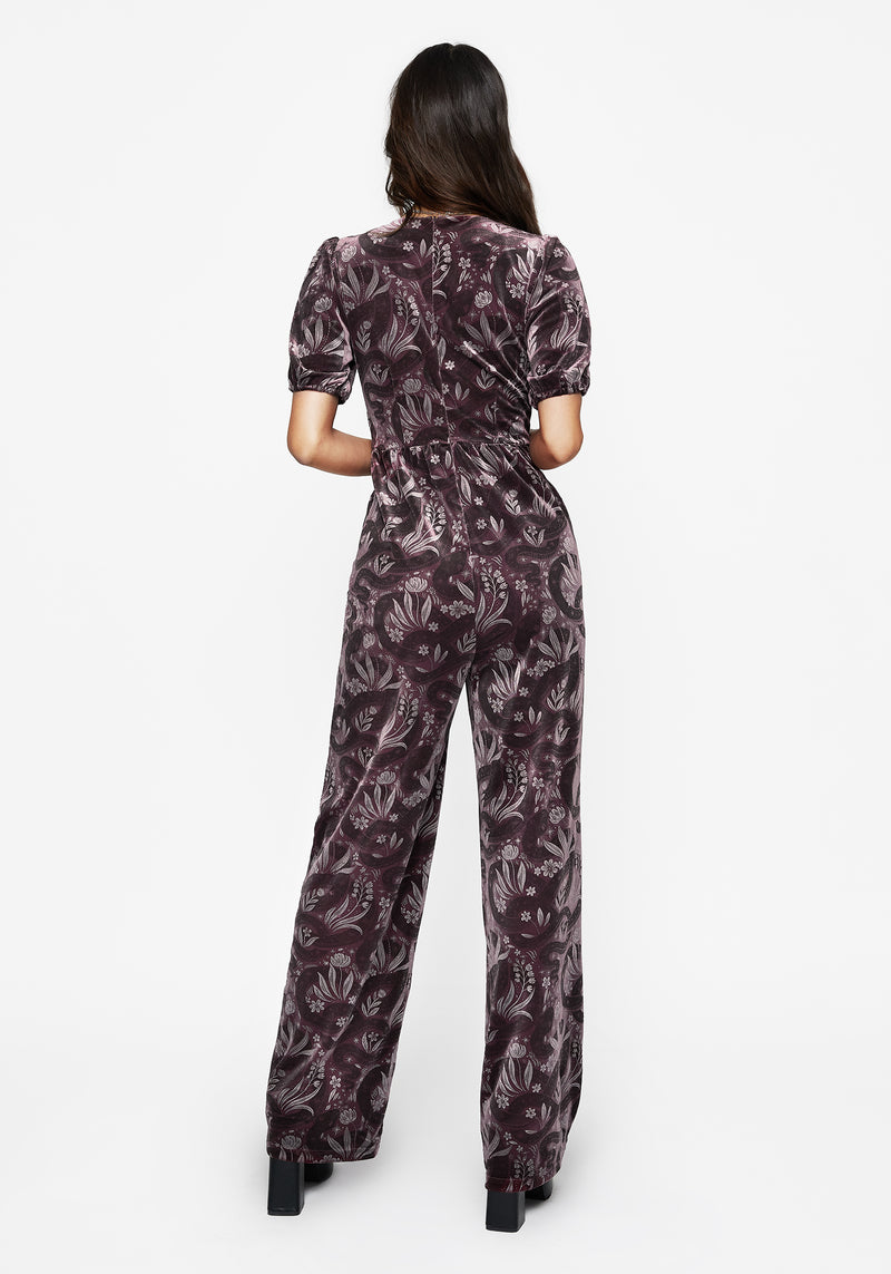 Deception Snake Foil Print Velour Jumpsuit