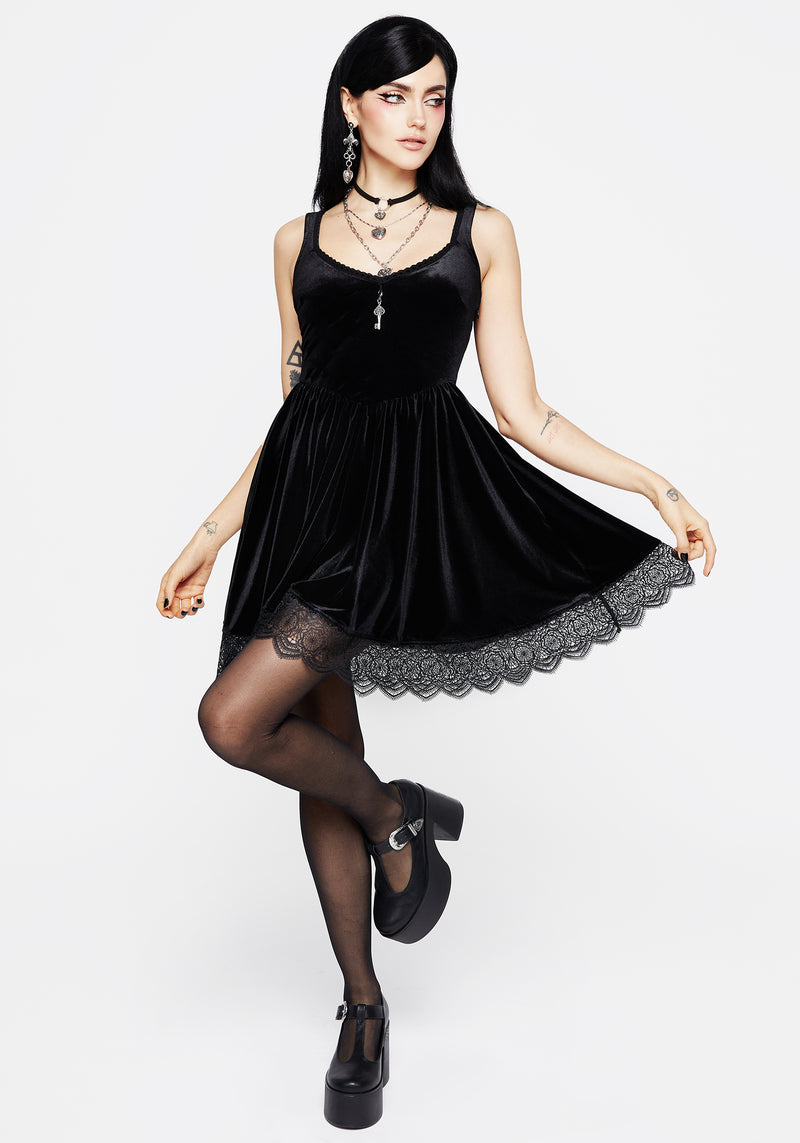 Orbweb Lace Hem Velour Mini Dress