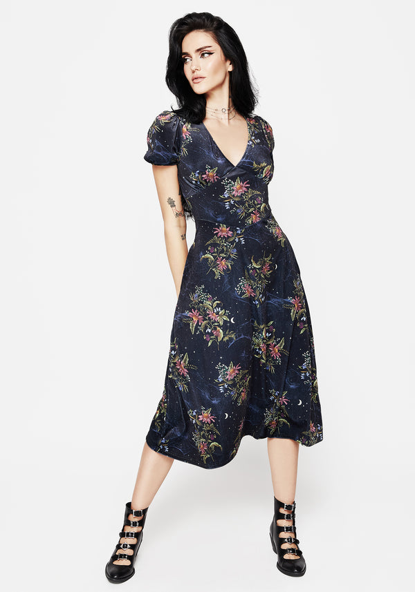 Cleome Floral Spiderweb Velour Corset Midi Dress