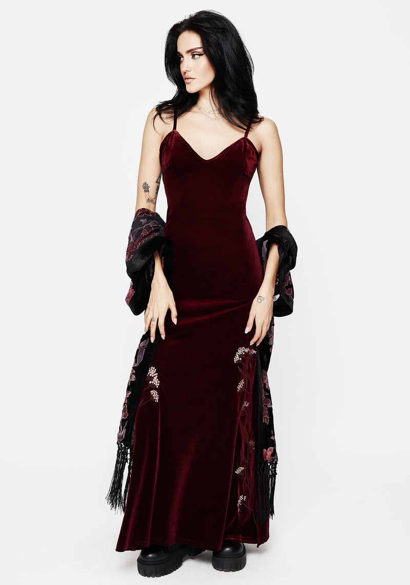 Virosa Floral Embroidered Velour Gown