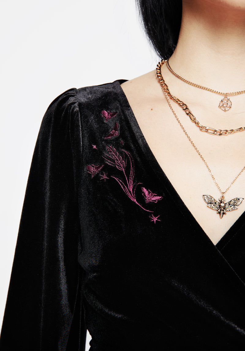 Styx Moth Embroidered Velour Wrap Top