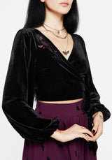 Styx Moth Embroidered Velour Wrap Top