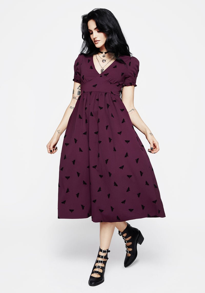 Styx Moth Flocked Velour Print Midi Dress