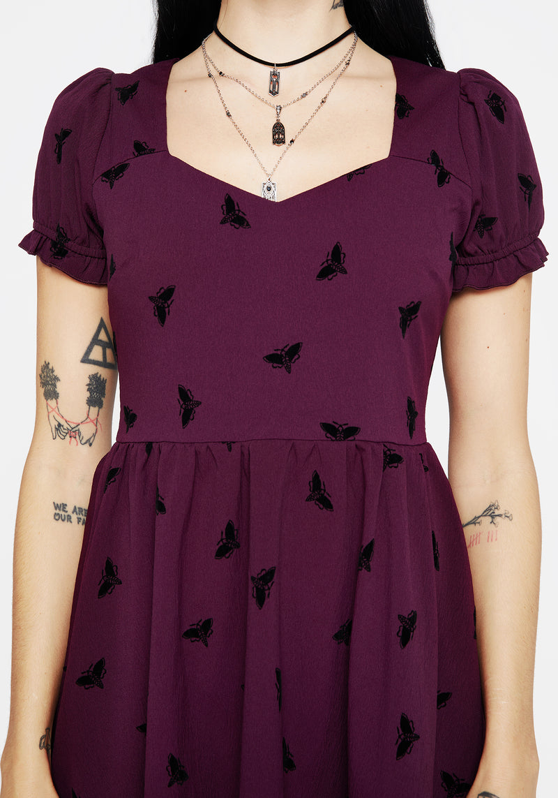 Styx Moth Flocked Velour Print Mini Dress