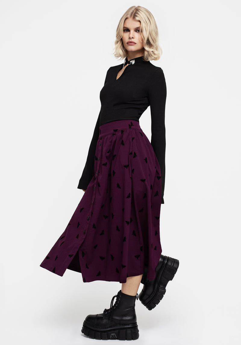 Styx Moth Flocked Velour Print Midi Skirt