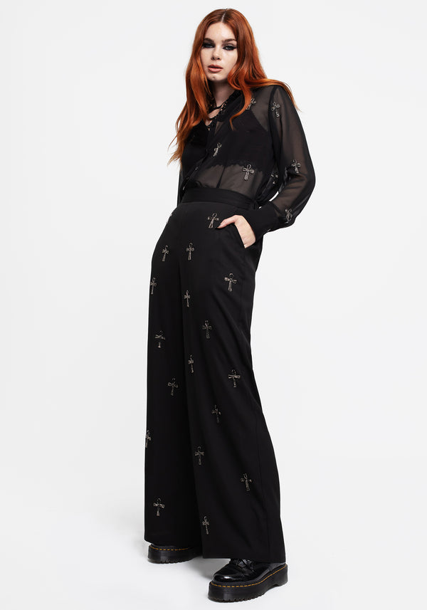 Ankh Beaded Chiffon Wide Leg Trousers