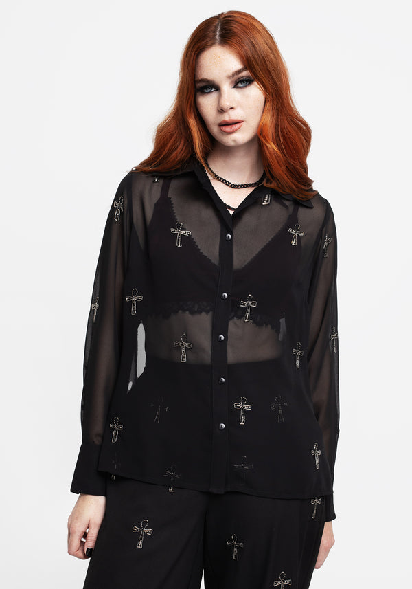 Ankh Beaded Chiffon Button Up Shirt