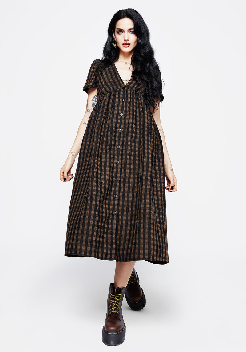 Rydal Check Button Up Midi Dress - Brown