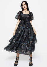 Maudeline Victoriana Print Layered Organza Midaxi Dress