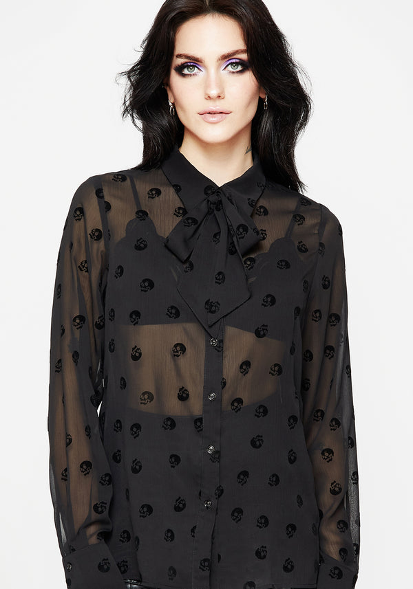 Bones Flocked Chiffon Button Up Blouse