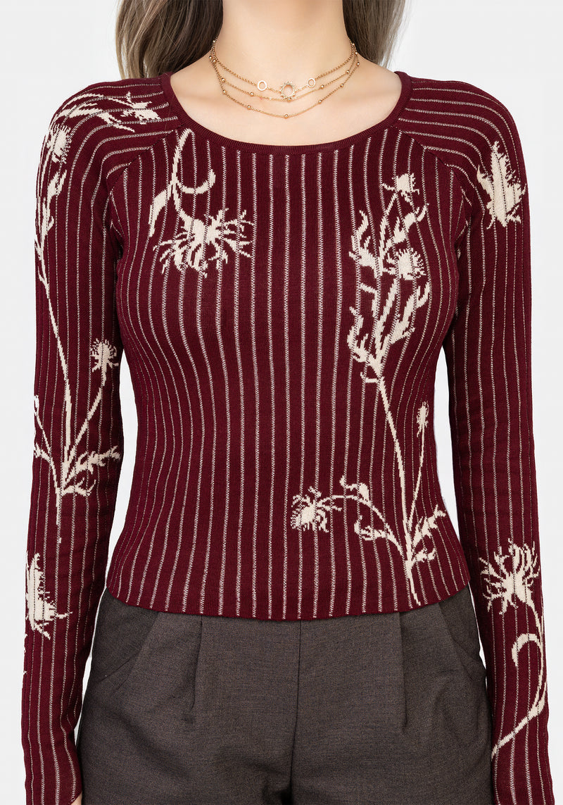 Diastella Floral Jacquard Rib Knit Raglan Sleeve Top - Red