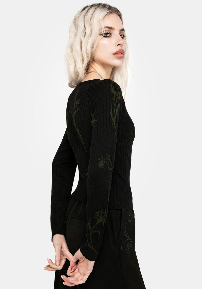 Diastella Floral Jacquard Rib Knit Raglan Sleeve Top - Black