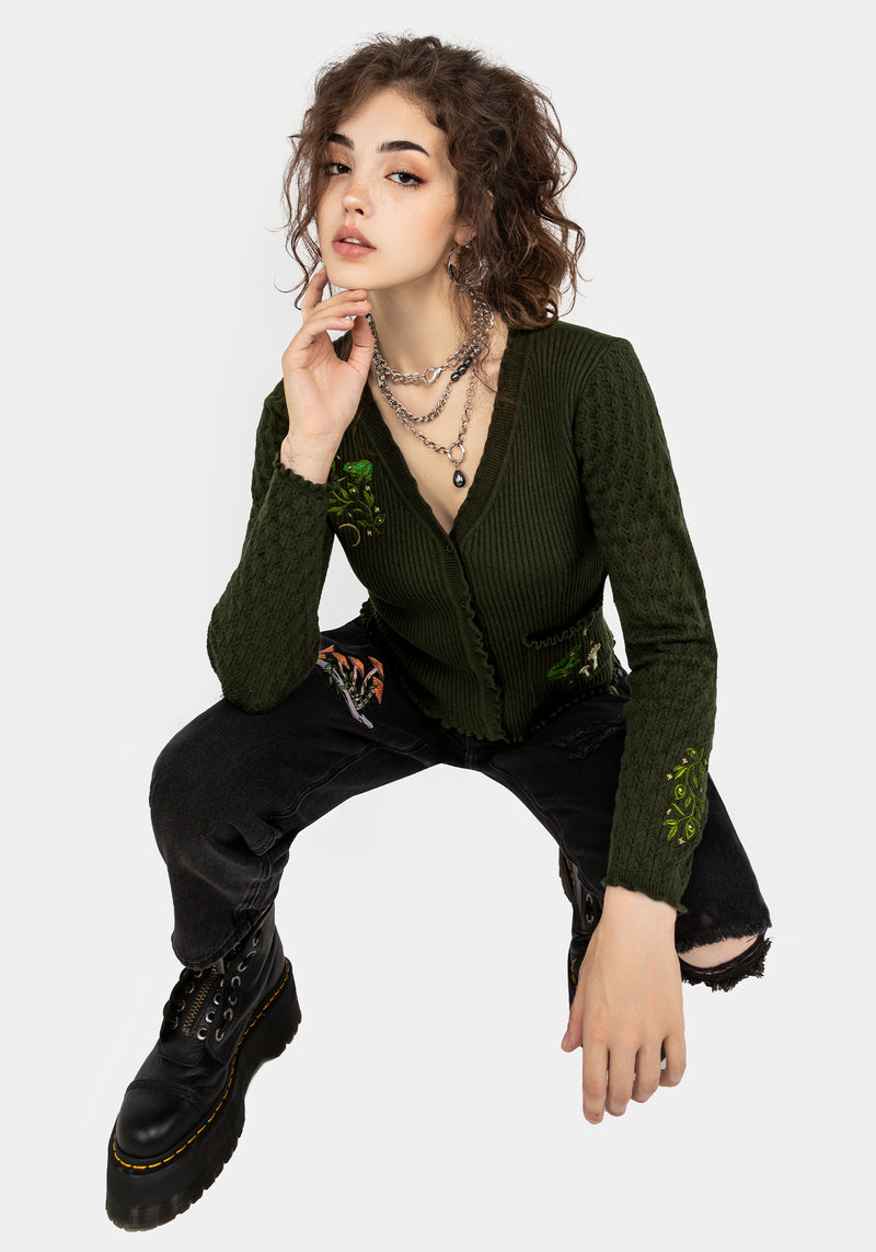 Swamplife Embroidered Pointelle Knit Crop Cardigan