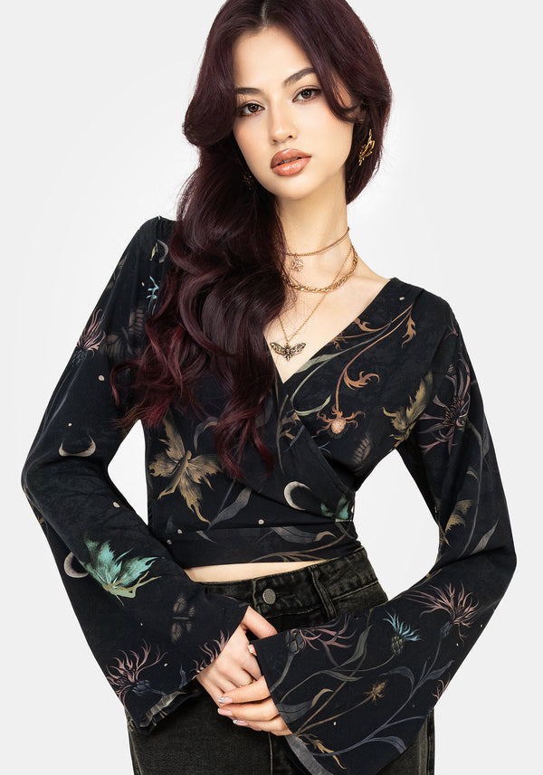 Rosanella Floral Print Flare Sleeve Wrap Top