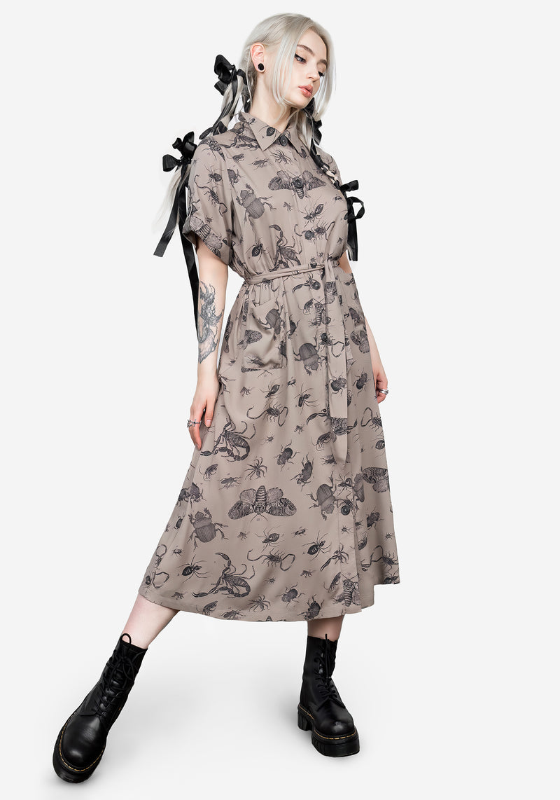 Parasite Bugs Print Midi Short Sleeve Shirt Dress - Taupe