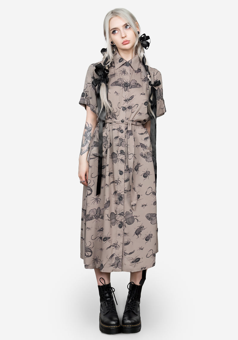 Parasite Bugs Print Midi Short Sleeve Shirt Dress - Taupe