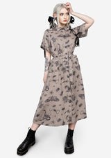 Parasite Bugs Print Midi Short Sleeve Shirt Dress - Taupe