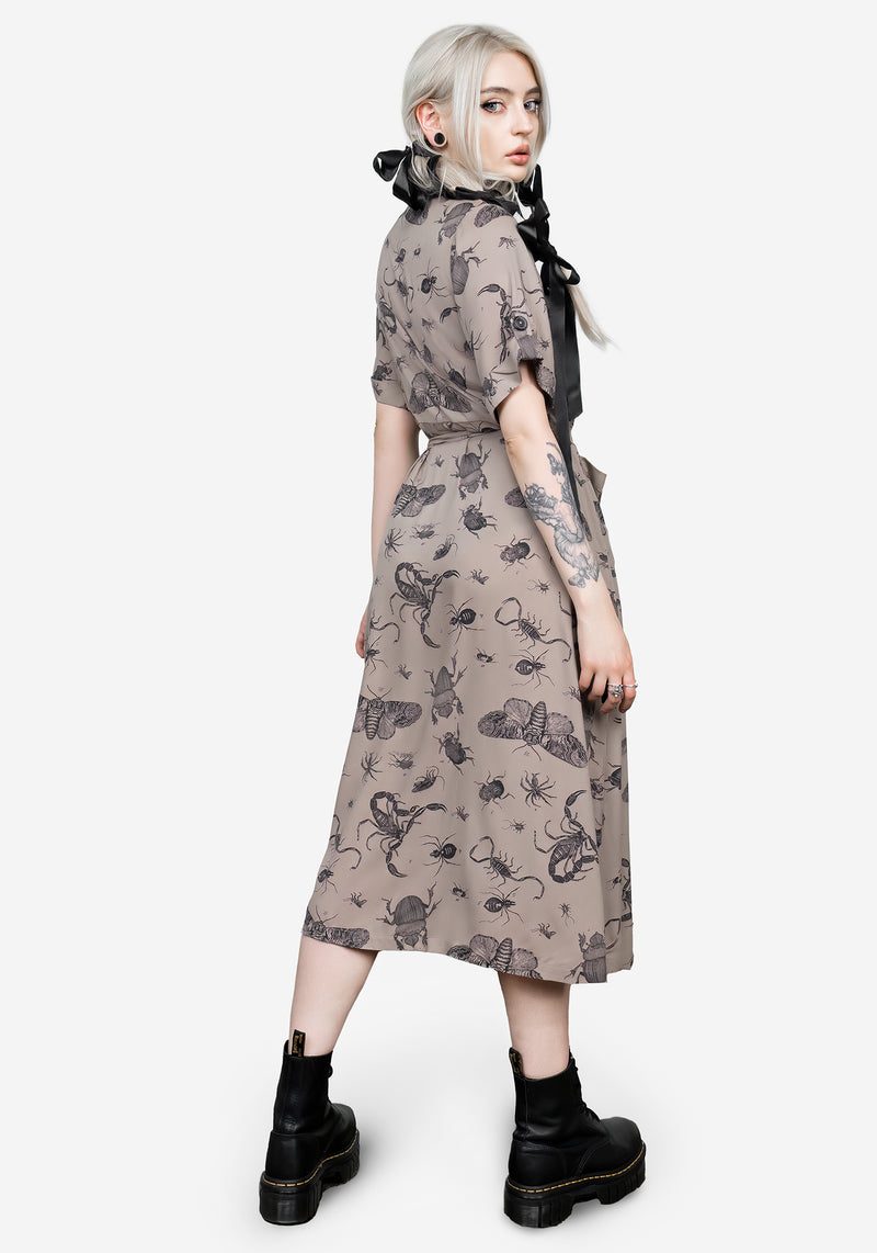 Parasite Bugs Print Midi Short Sleeve Shirt Dress - Taupe