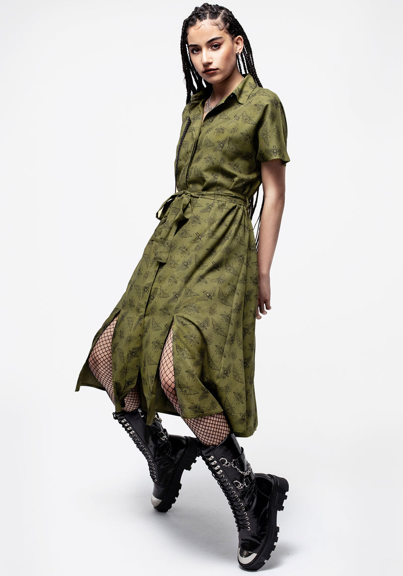 Mortmoth Print Midi Shirt Dress - Green