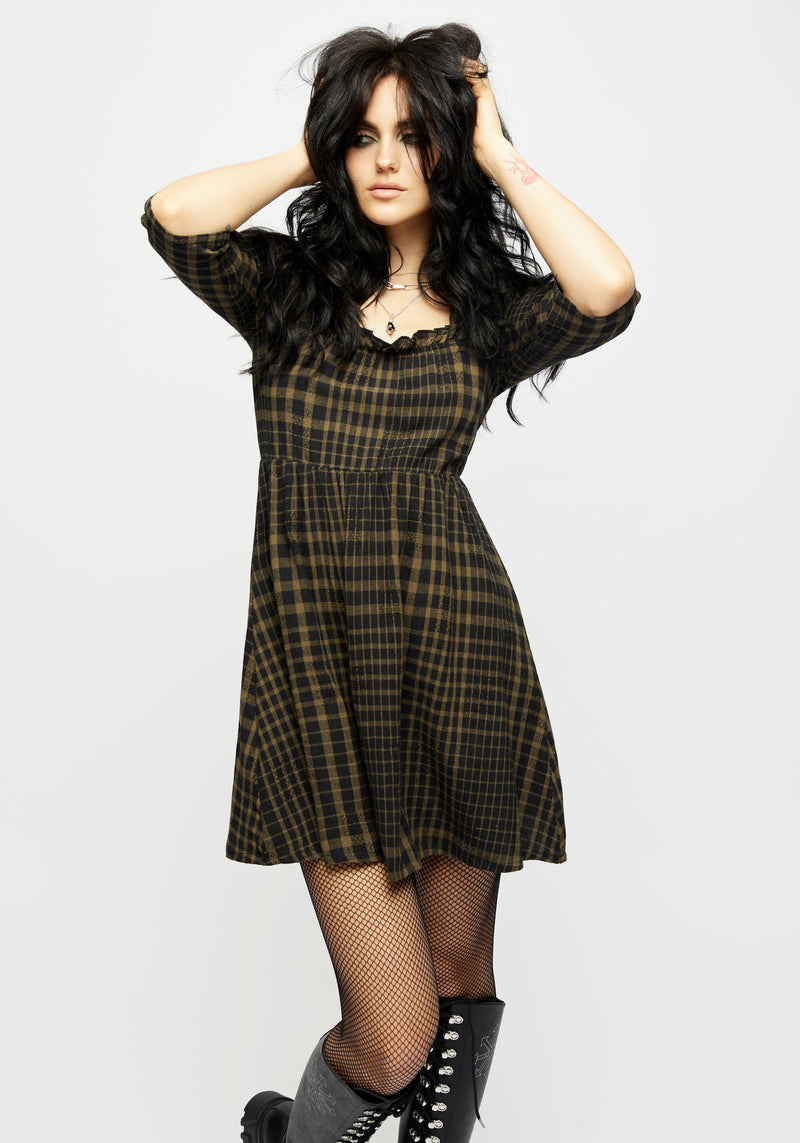 Dropout Check Ruffle Shirred Mini Dress