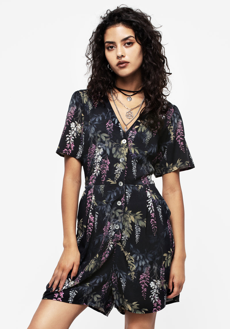 Wisteria Floral Print Button Up Playsuit