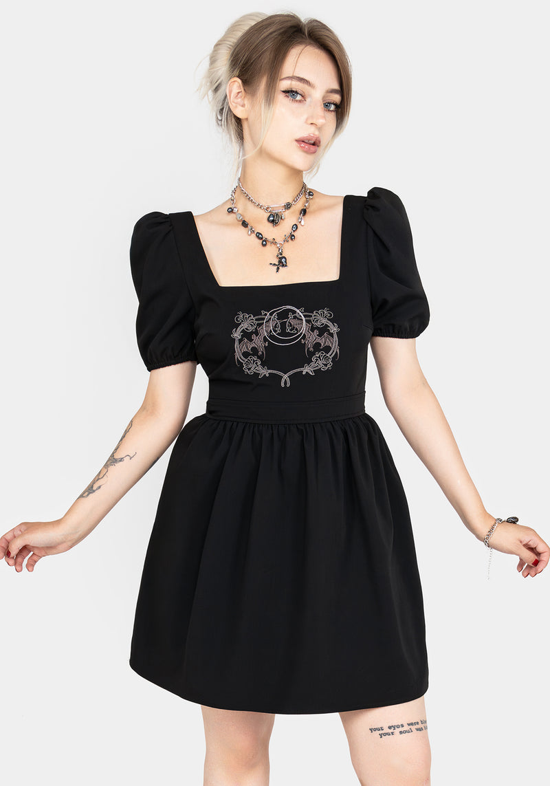 Vampyrum Bat Embroidered Puff Sleeve Mini Dress