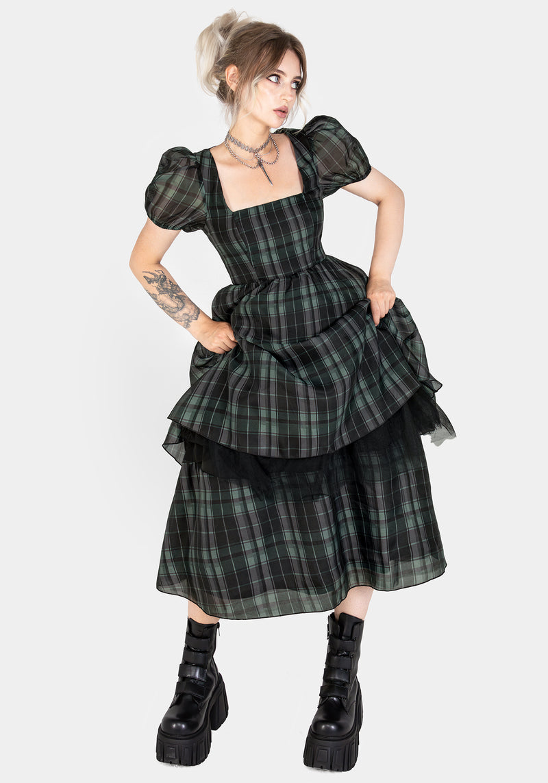 Checkmate Puff Sleeve Layered Organza Midi Dress