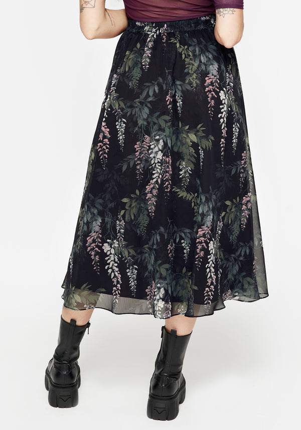 Wisteria Floral Print Chiffon Midi Skirt