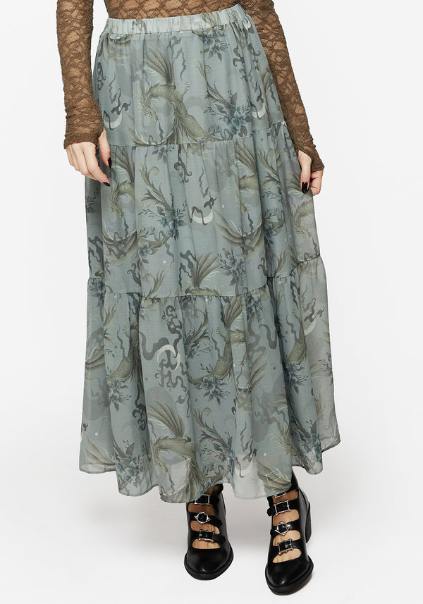 Sapphira Dragon Print Chiffon Tiered Maxi Skirt