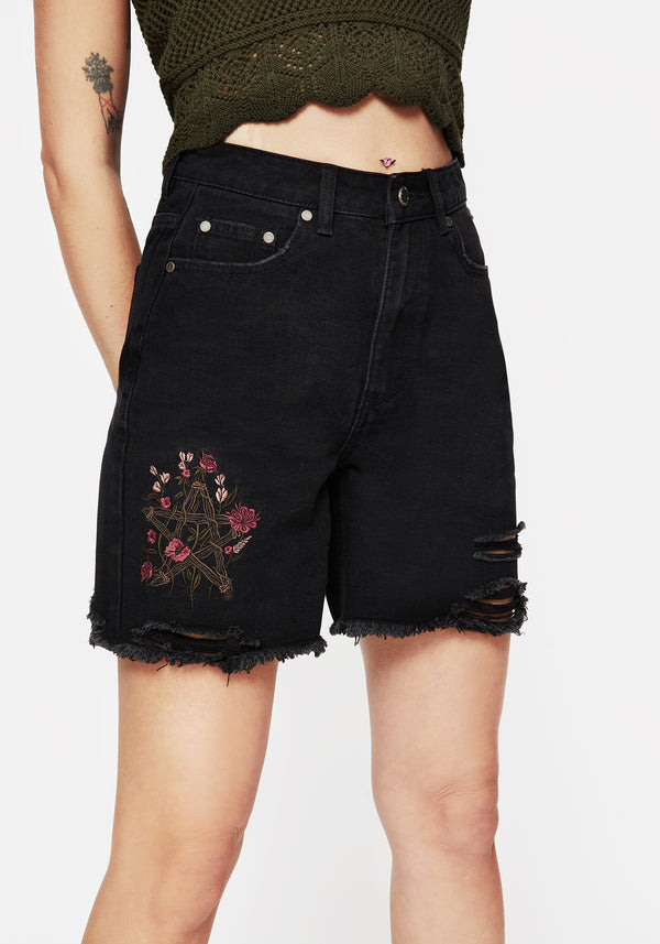 Aster Blumenmuster Bestickt Mid Length Denim Shorts   