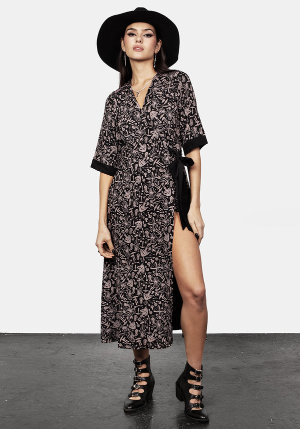 Mycophile Mushroom Print Wrap Midi Dress